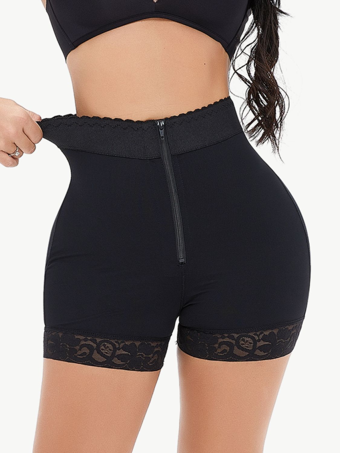 Full Size Zip-Up Lace Trim Shaping Shorts Trendsi