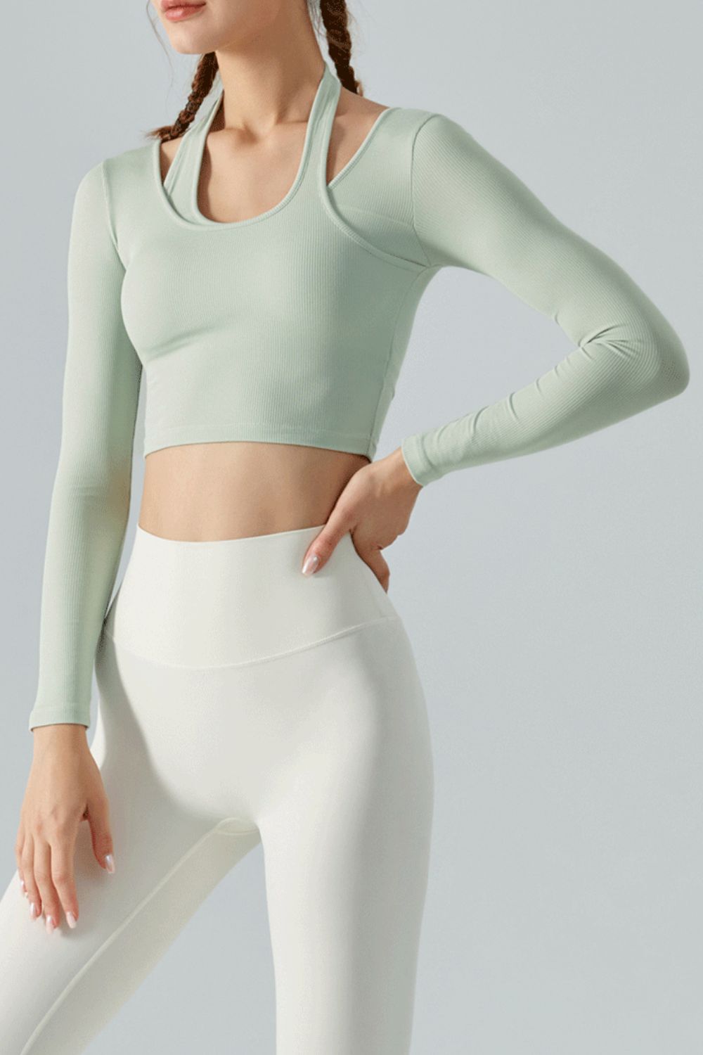 Halter Neck Long Sleeve Cropped Sports Top - Mint / S Girl Code