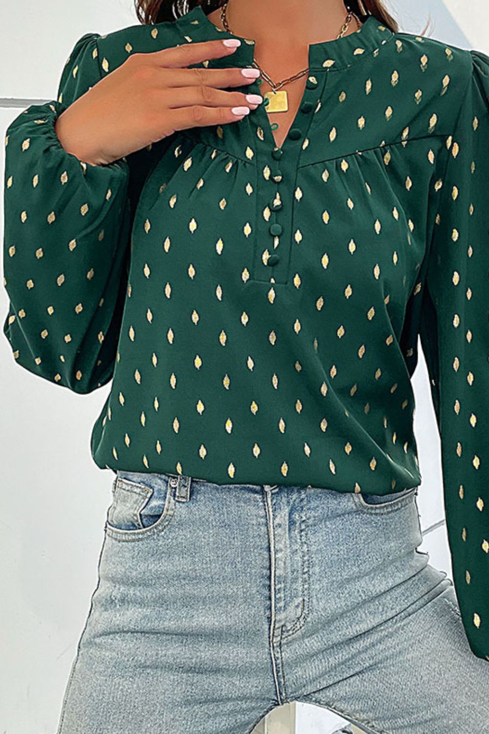 Printed Buttoned Puff Sleeve Blouse Trendsi