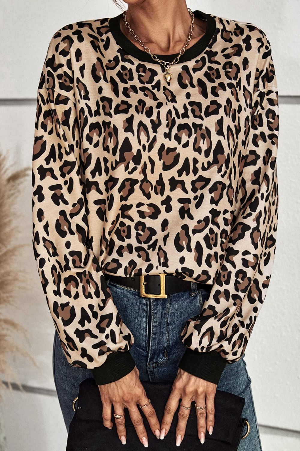 Leopard Round Neck Dropped Shoulder Sweatshirt Trendsi