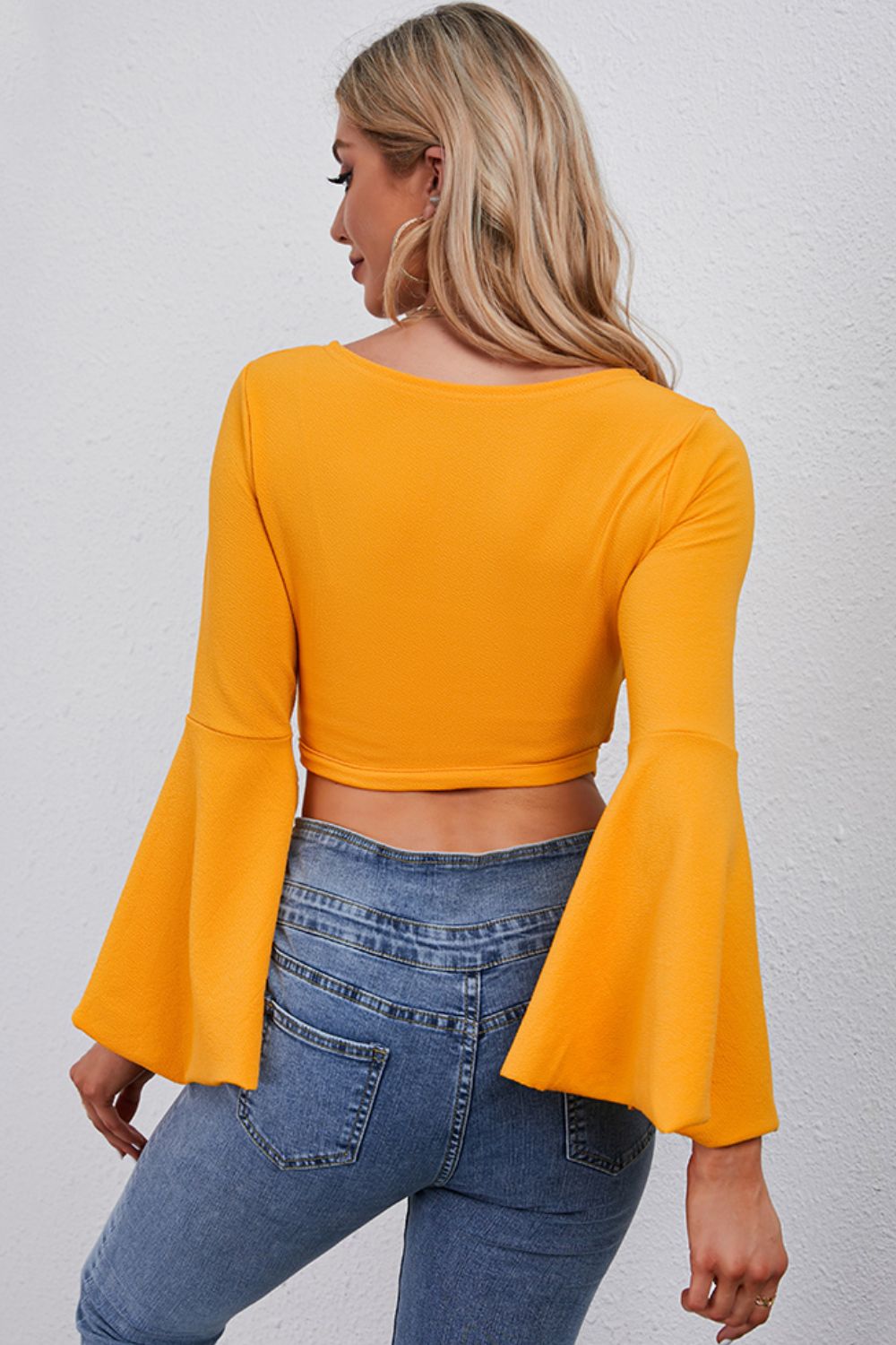 Tie Front Flare Sleeve Cropped Top Trendsi