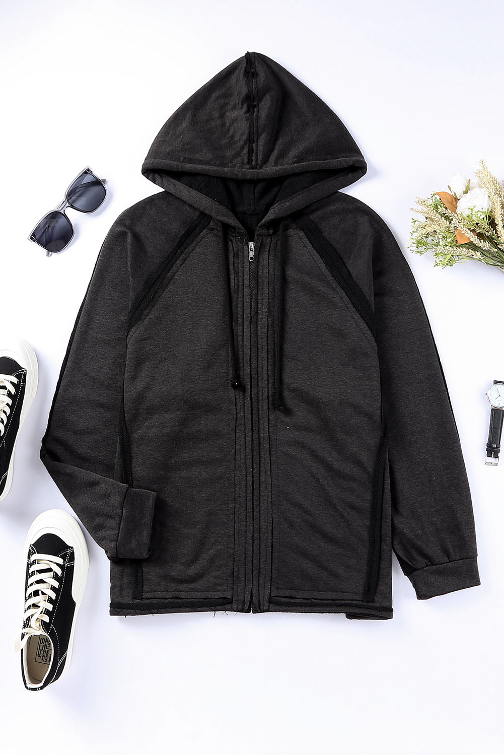 Exposed Seam Drawstring Hooded Jacket with Pockets Trendsi