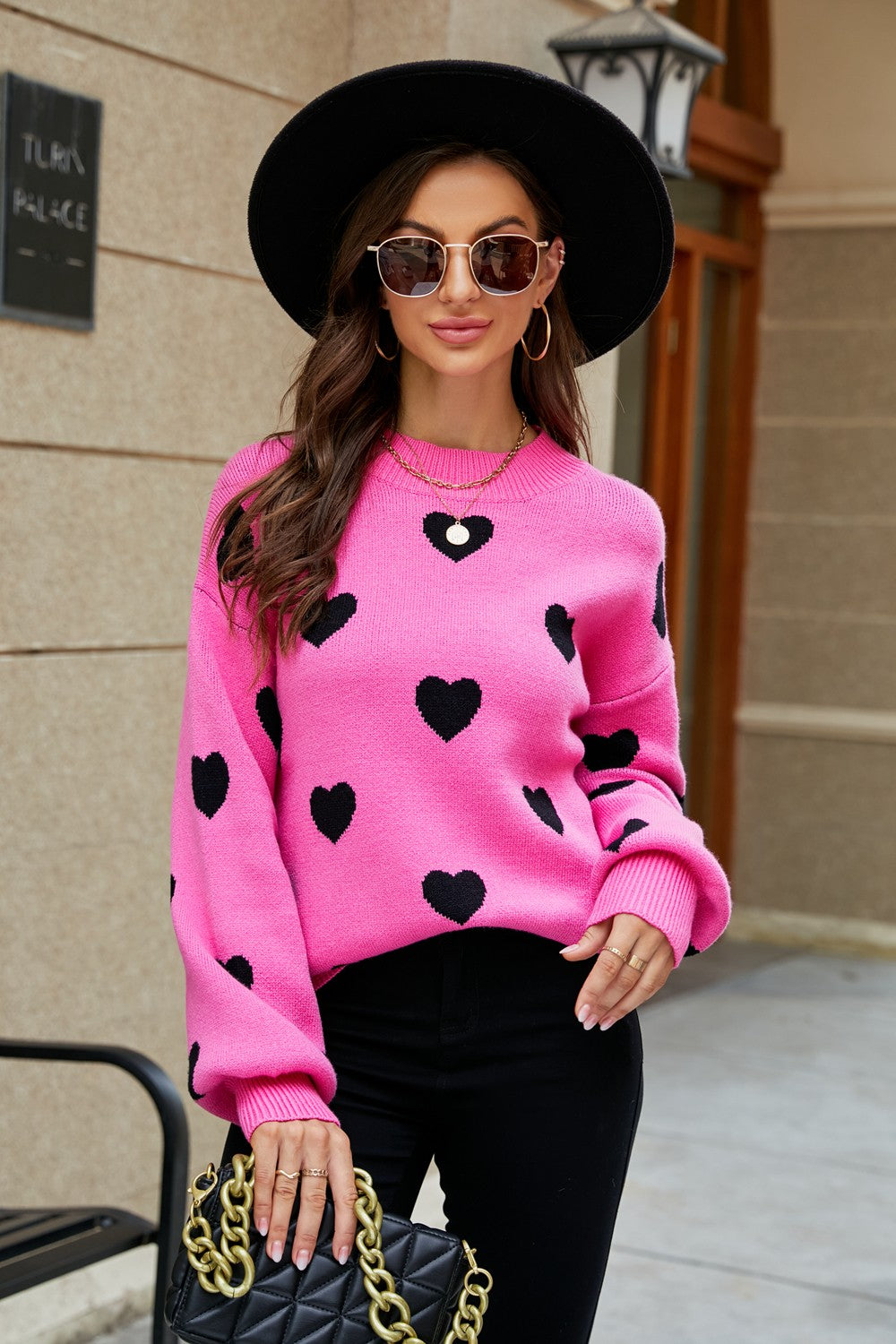 Heart Pattern Lantern Sleeve Round Neck Tunic Sweater - Rose / S Apparel & Accessories Girl Code