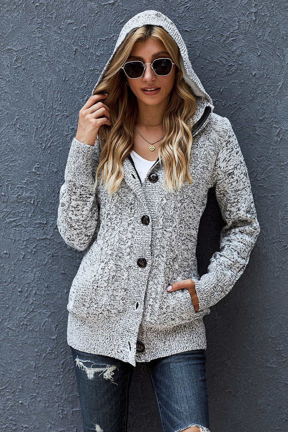Cable-Knit Fleece Lining Button-Up Hooded Cardigan - Gray / S Apparel & Accessories Girl Code