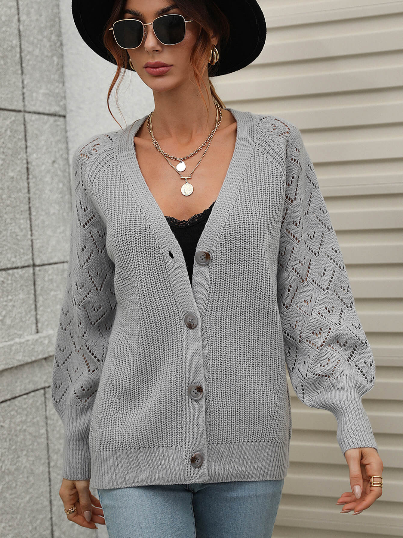 Rib-Knit Plunge Raglan Sleeve Cardigan - Gray / S Shirts & Tops Girl Code