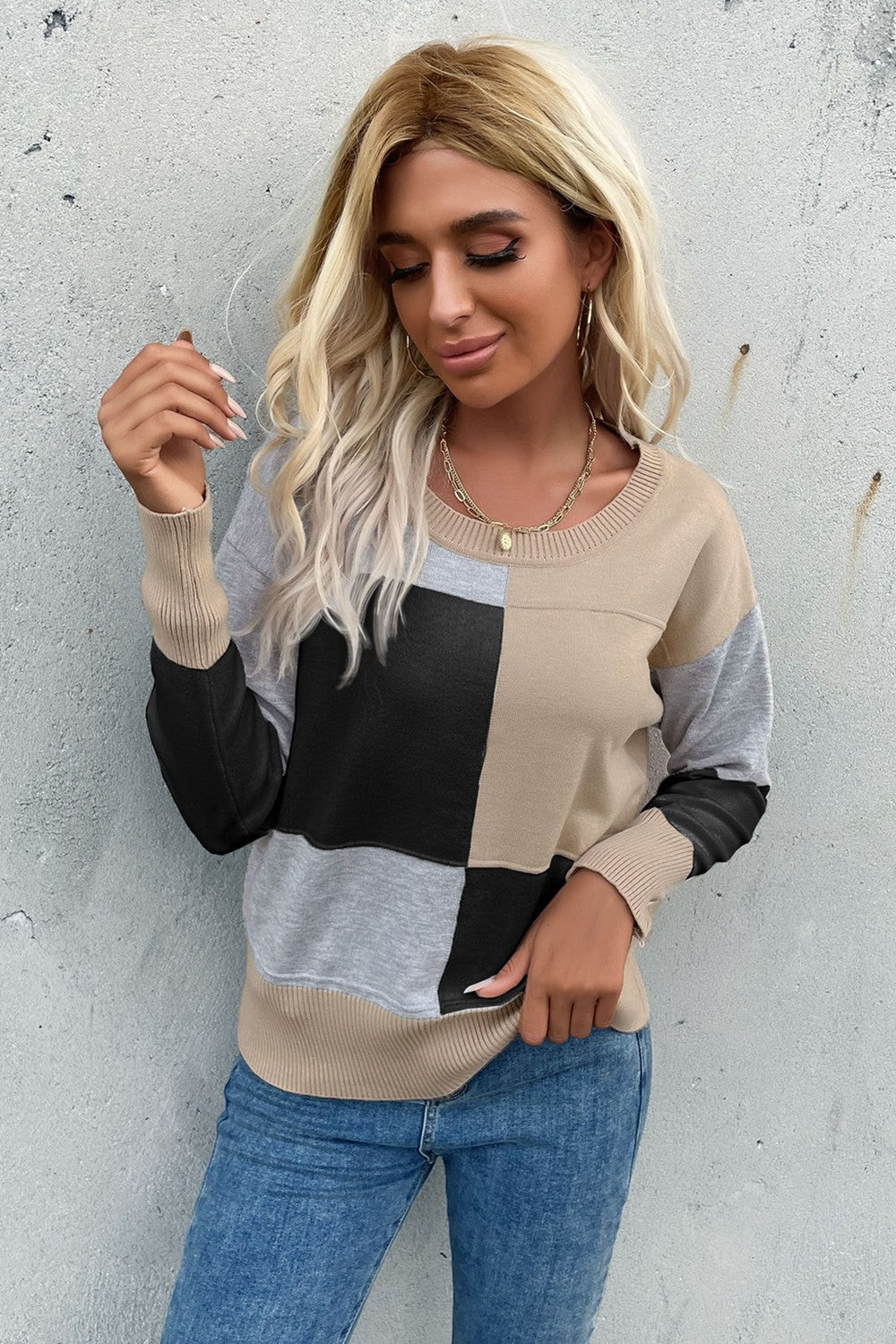Color Block Ribbed Trim Round Neck Knit Pullover - Black/Tan/Gray / S Girl Code