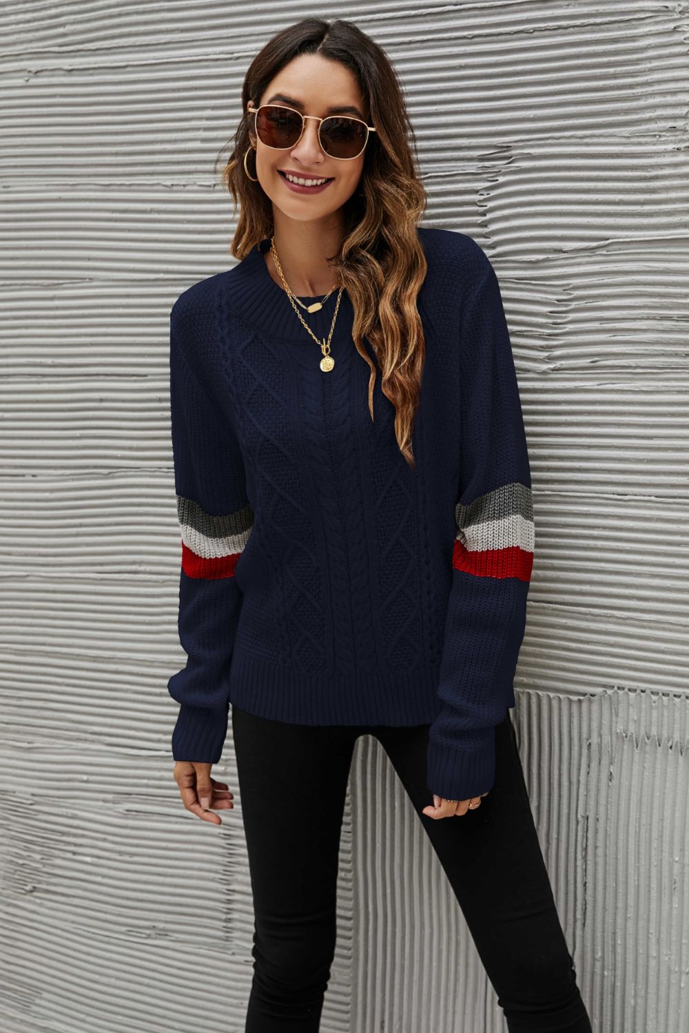 Feeling You Best Striped Cable-Knit Round Neck Sweater Trendsi