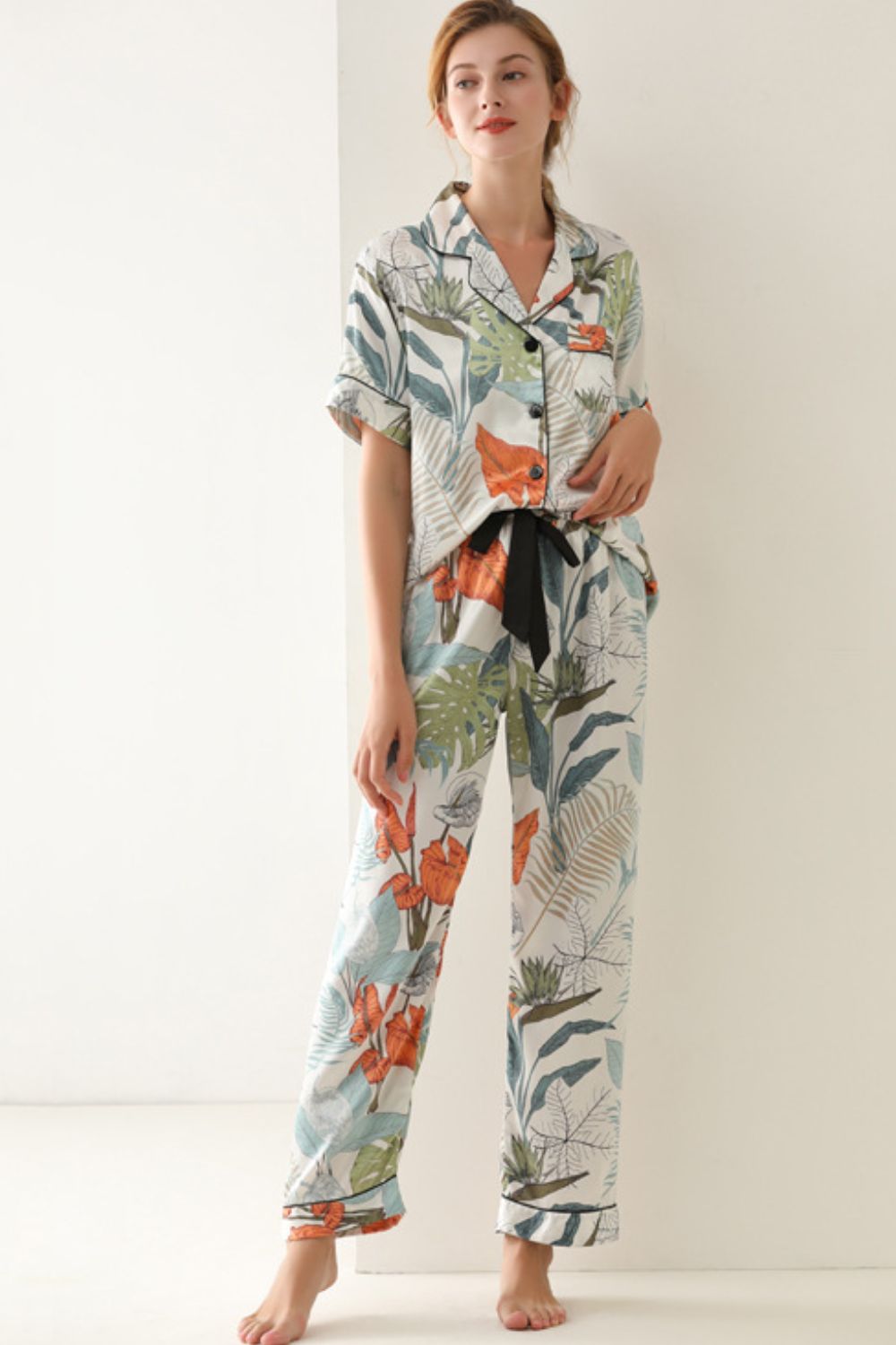 Botanical Print Button-Up Top and Pants Pajama Set - Mutil / S Apparel & Accessories Girl Code