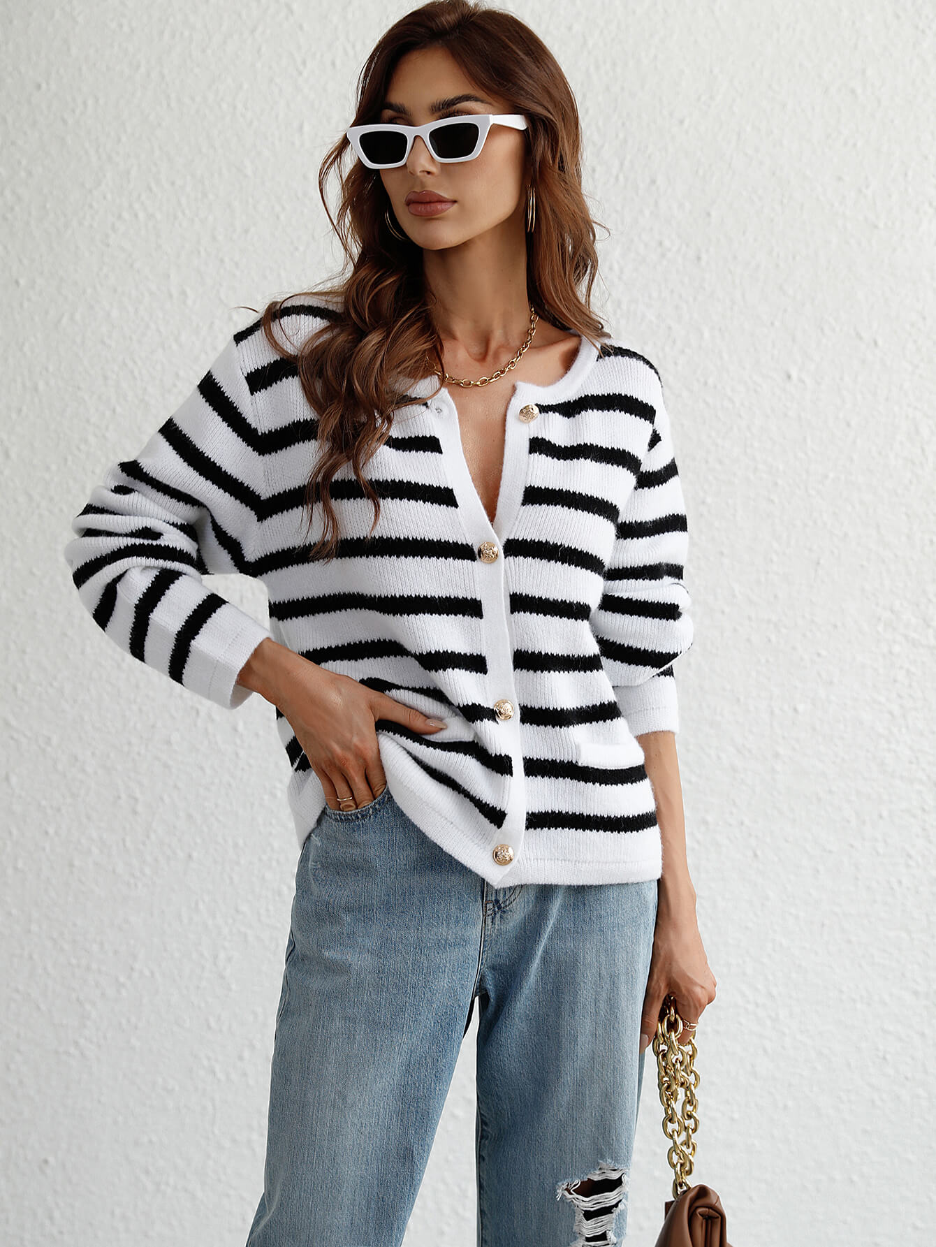 Striped Button Front Cardigan Trendsi