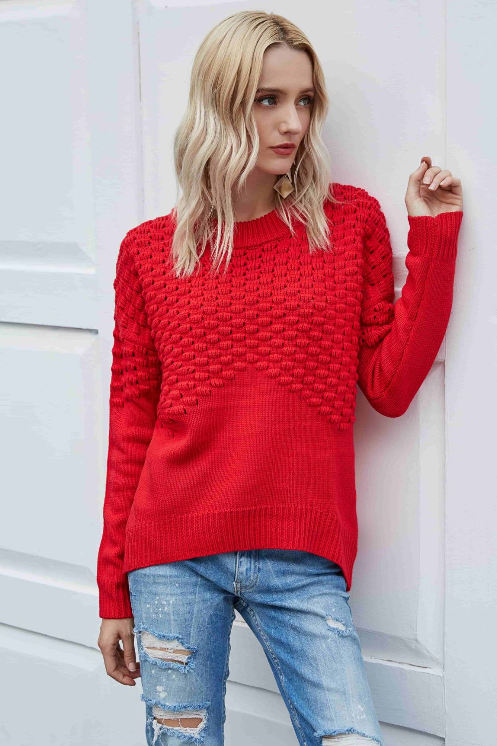 Pom-Pom Drop Shoulder Ribbed Trim Sweater Trendsi