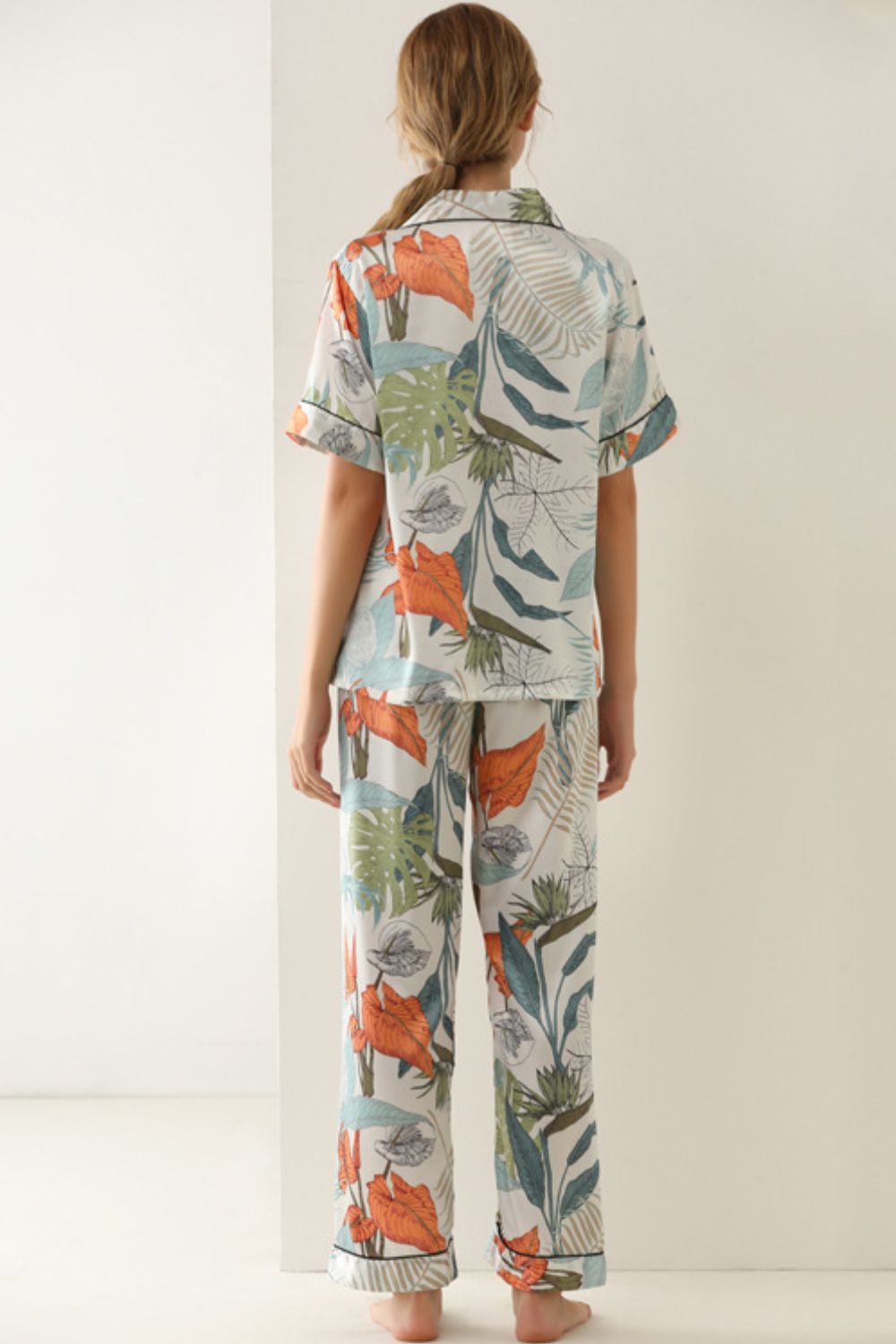 Botanical Print Button-Up Top and Pants Pajama Set - Apparel & Accessories Girl Code
