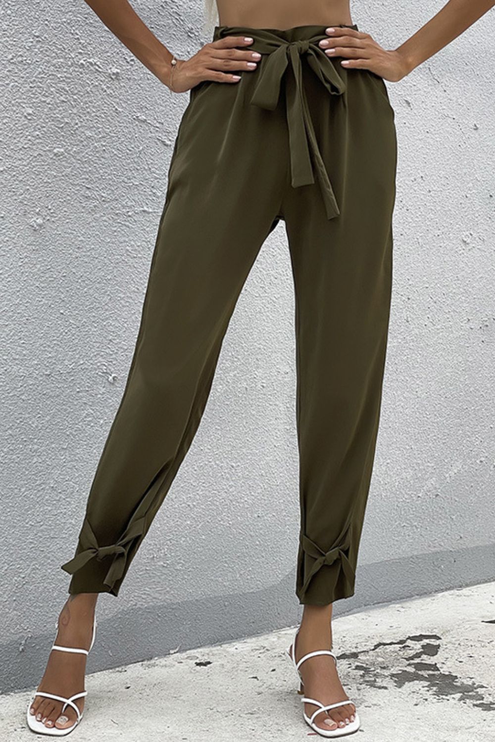 Tie Detail Belted Pants with Pockets Trendsi