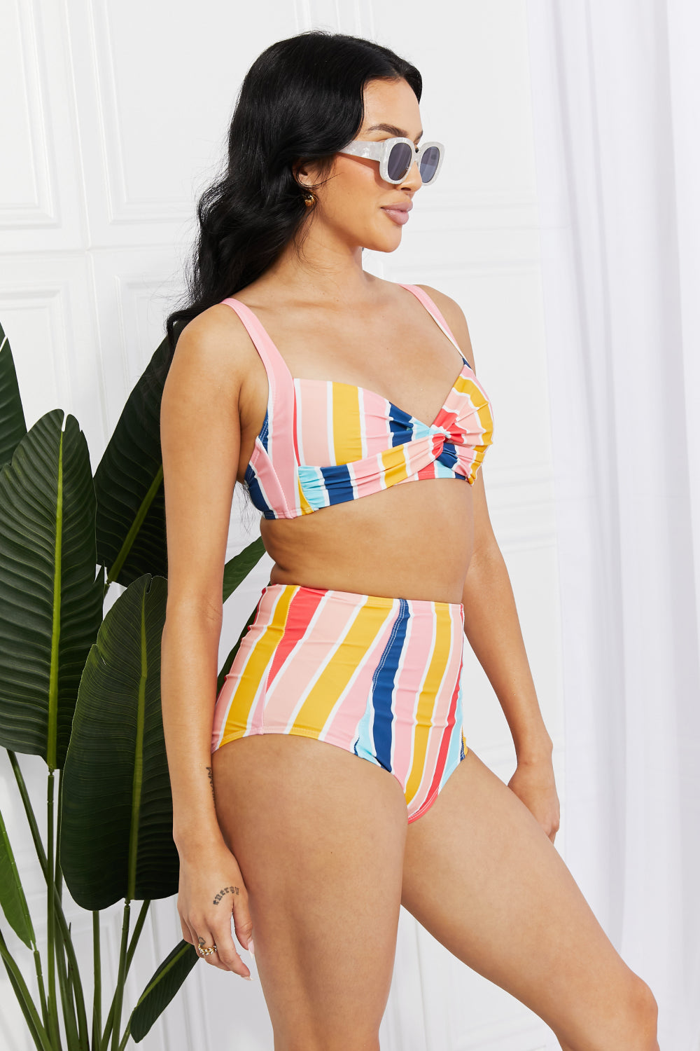 Marina West Swim Take A Dip Twist High-Rise Bikini in Stripe Trendsi