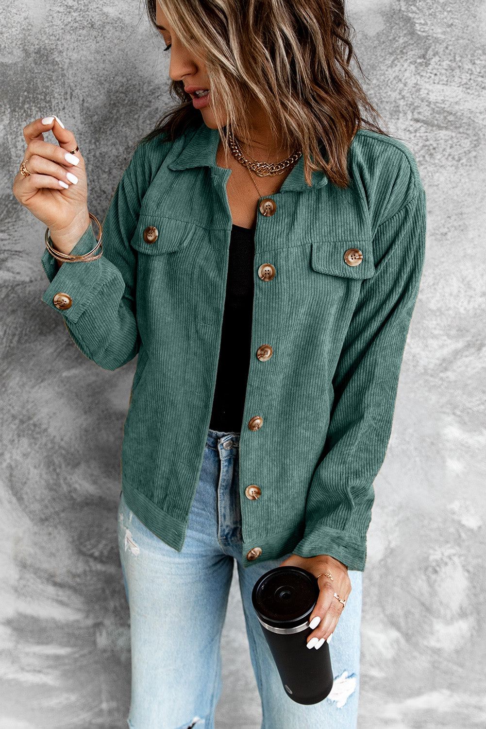 Corduroy Long Sleeve Jacket - Green / M Apparel & Accessories Girl Code