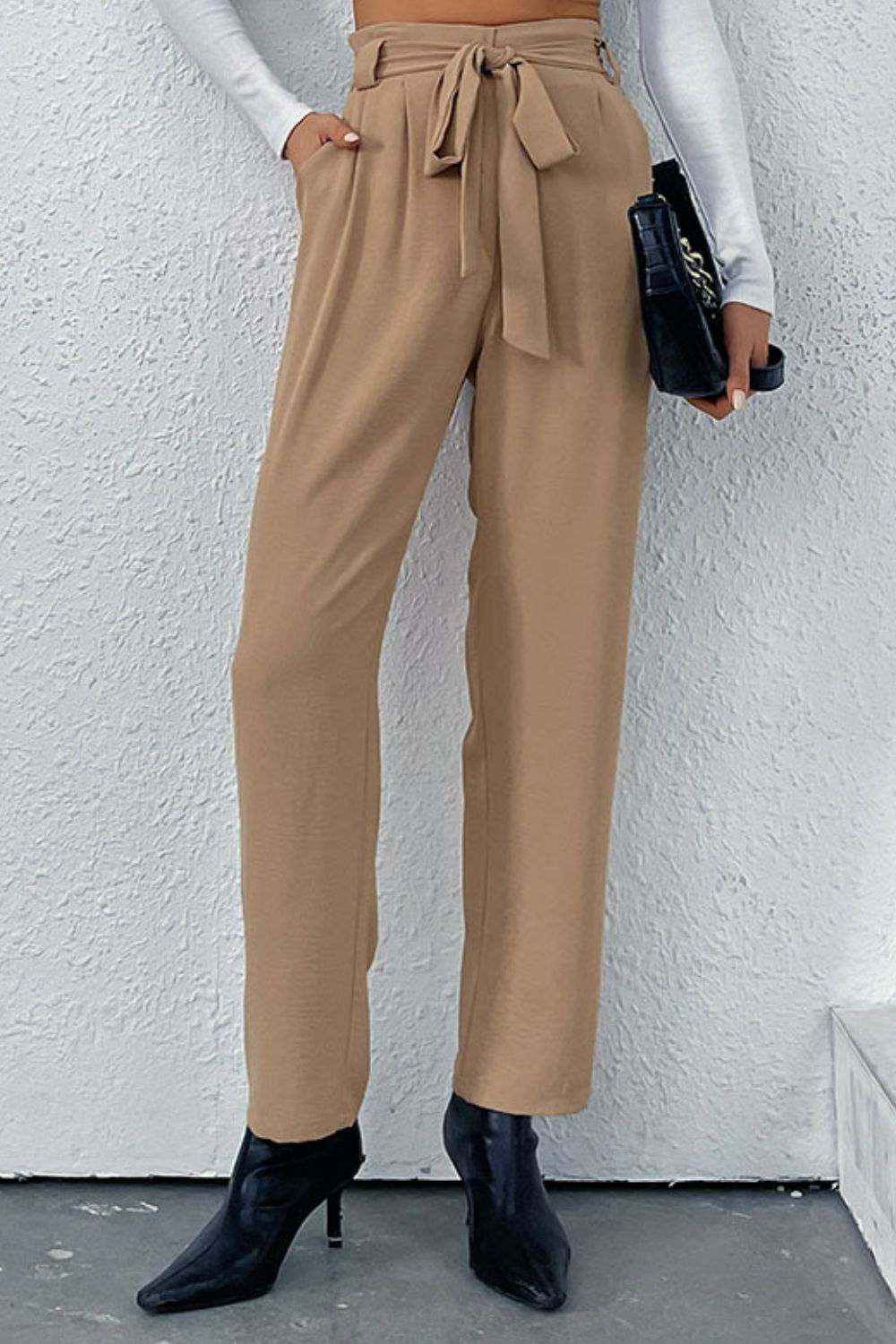 Belted Straight Leg Pants with Pockets - Khaki / S Girl Code