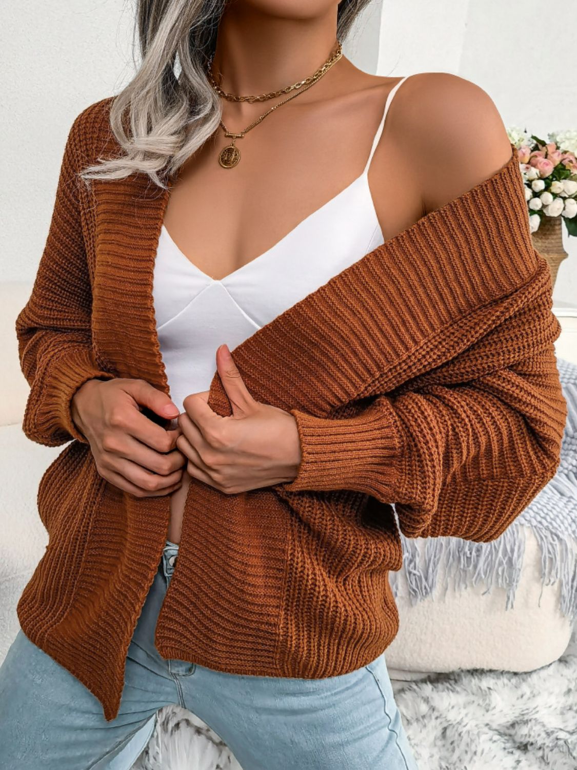Rib-Knit Open Front Dolman Sleeve Cardigan - Brown / S Apparel & Accessories Girl Code