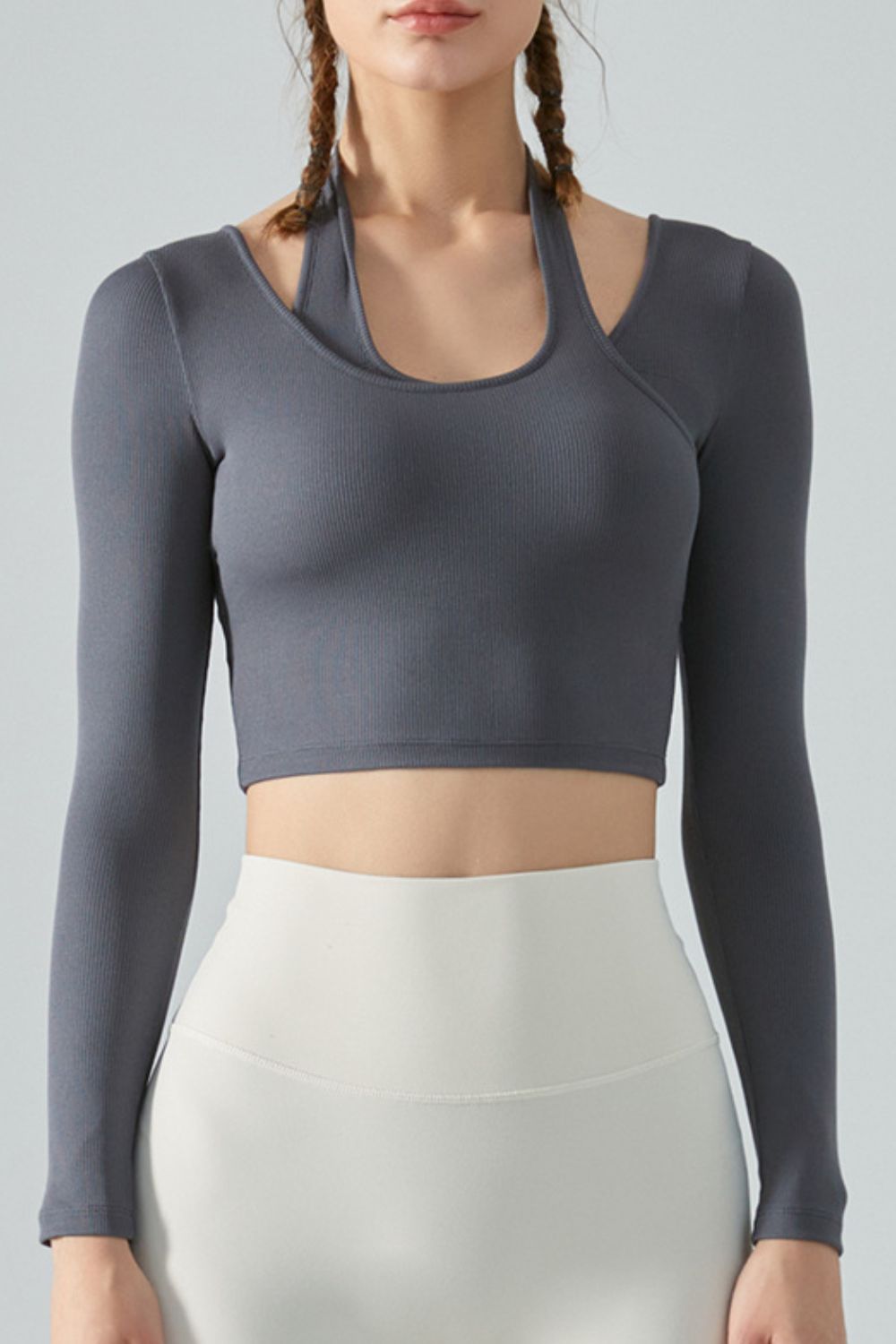 Halter Neck Long Sleeve Cropped Sports Top - Gray / S Girl Code