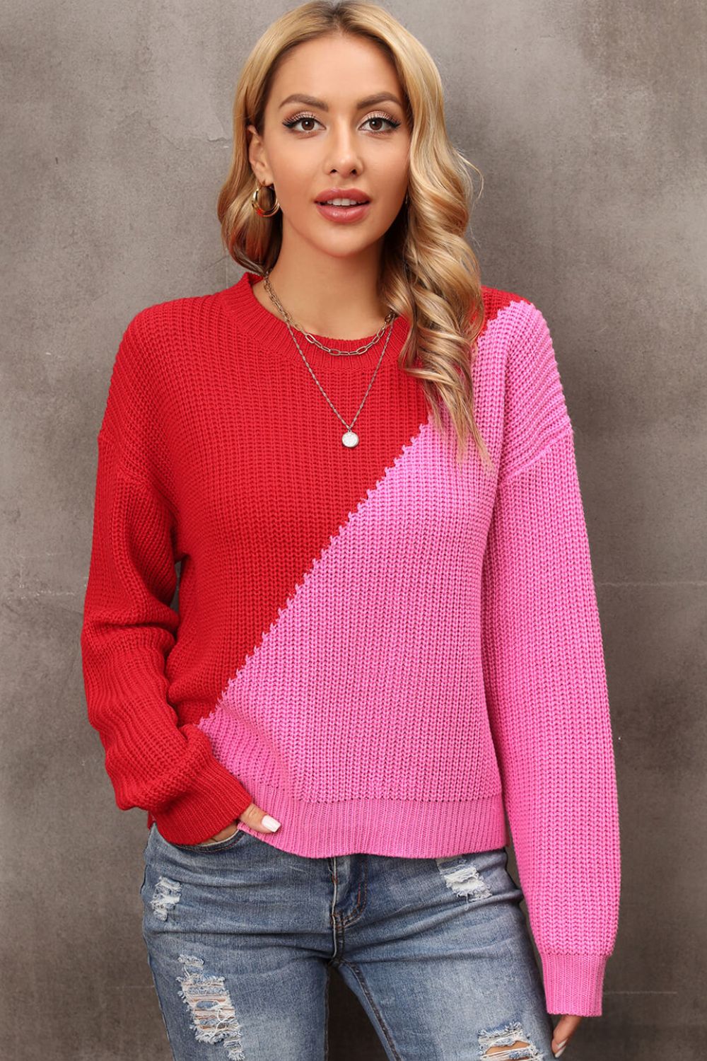 Two-Tone Round Neck Dropped Shoulder Sweater Trendsi