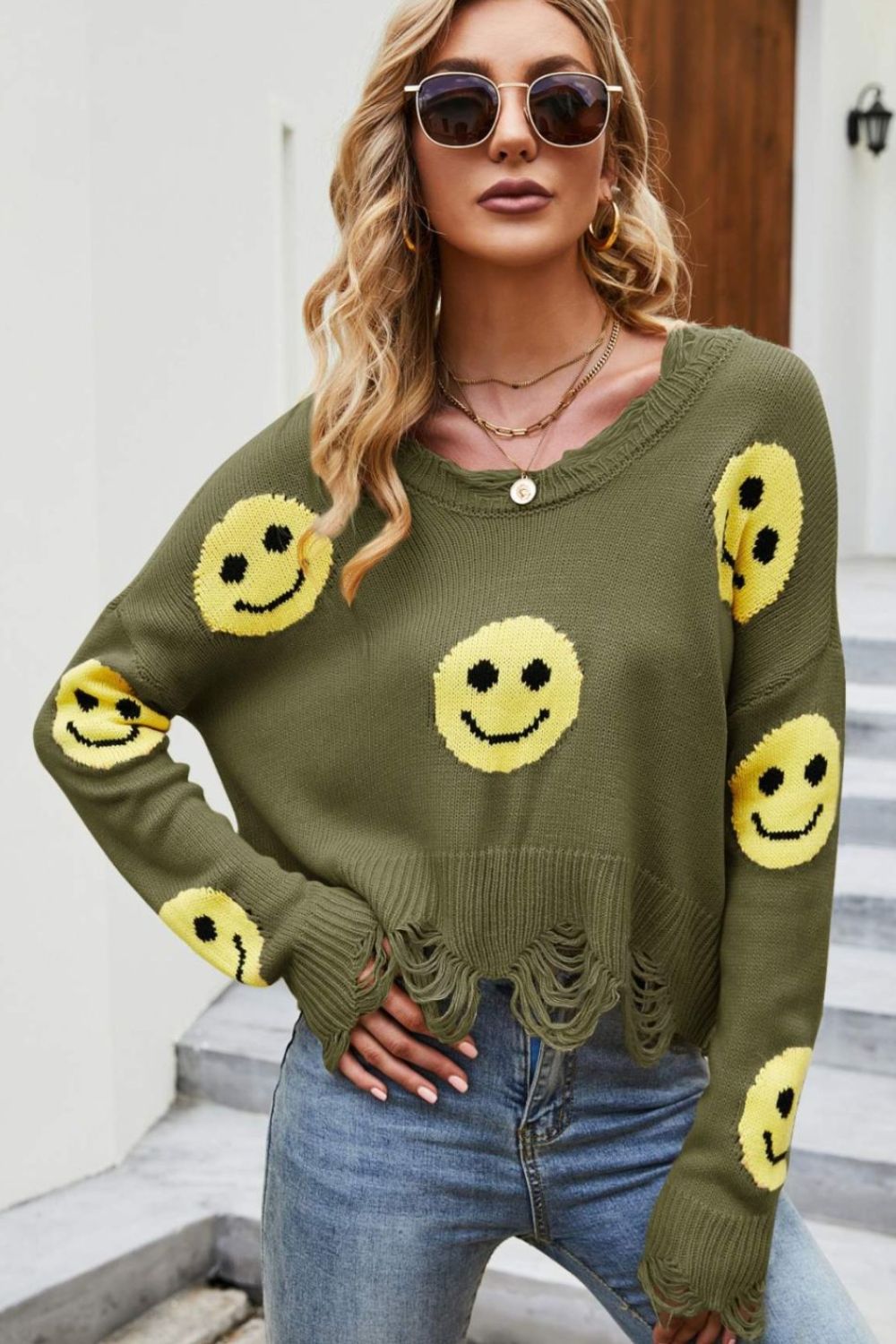 Smiley Face Distressed Round Neck Sweater Trendsi