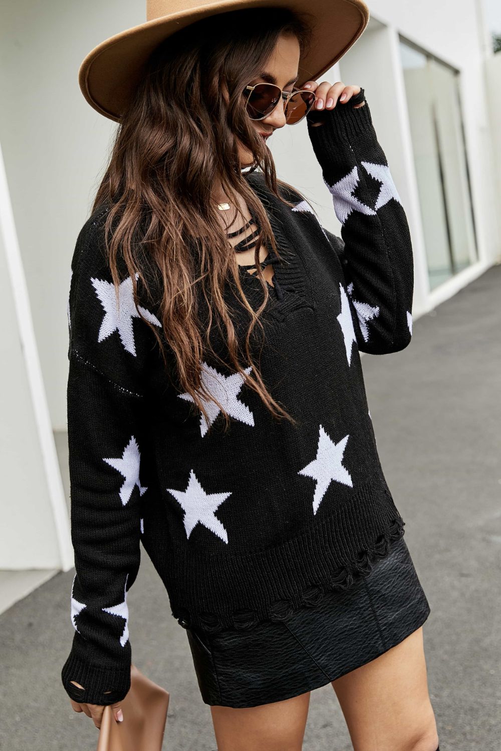 Star Pattern Lace-Up Drop Shoulder Sweater Trendsi