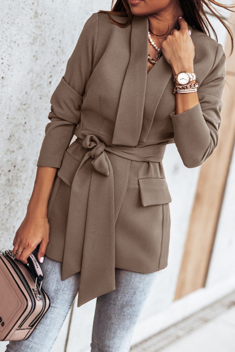 Belted Shawl Collar Blazer - Taupe / S Apparel & Accessories Girl Code