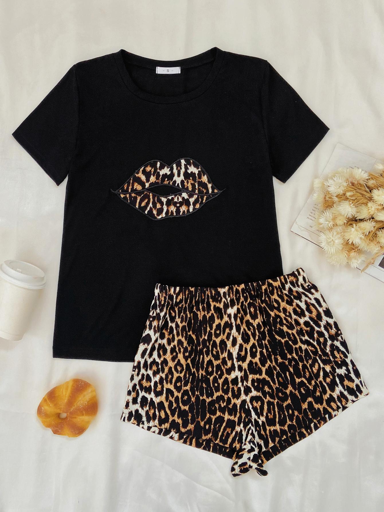 Leopard Lip Graphic Top and Shorts Lounge Set Trendsi