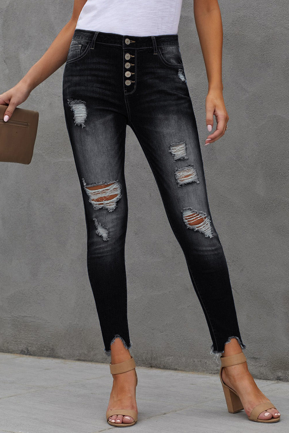 Button Fly Hem Detail Ankle-Length Skinny Jeans - Dark / S Girl Code