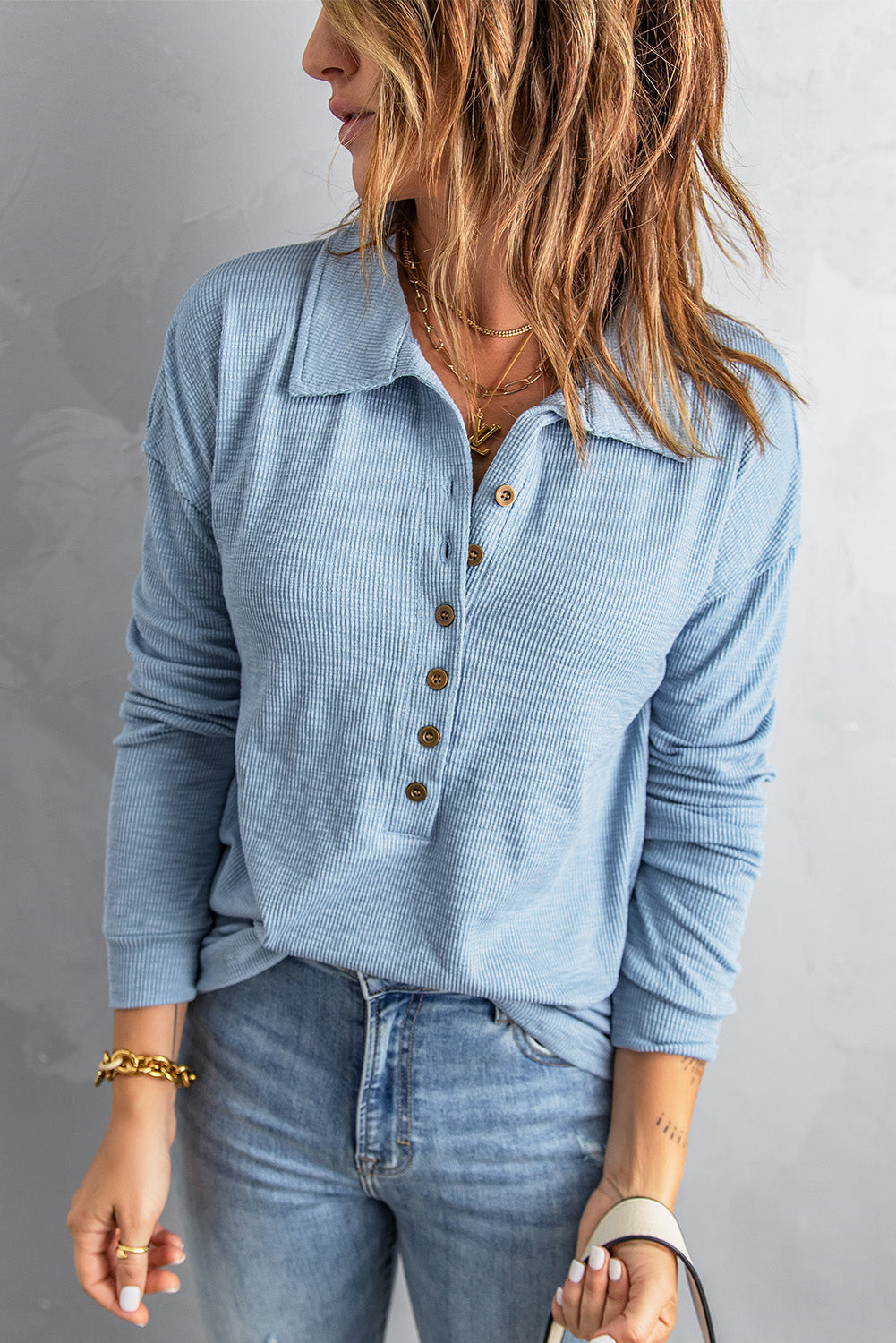 Half Button Collared Knit Top - Apparel & Accessories Girl Code