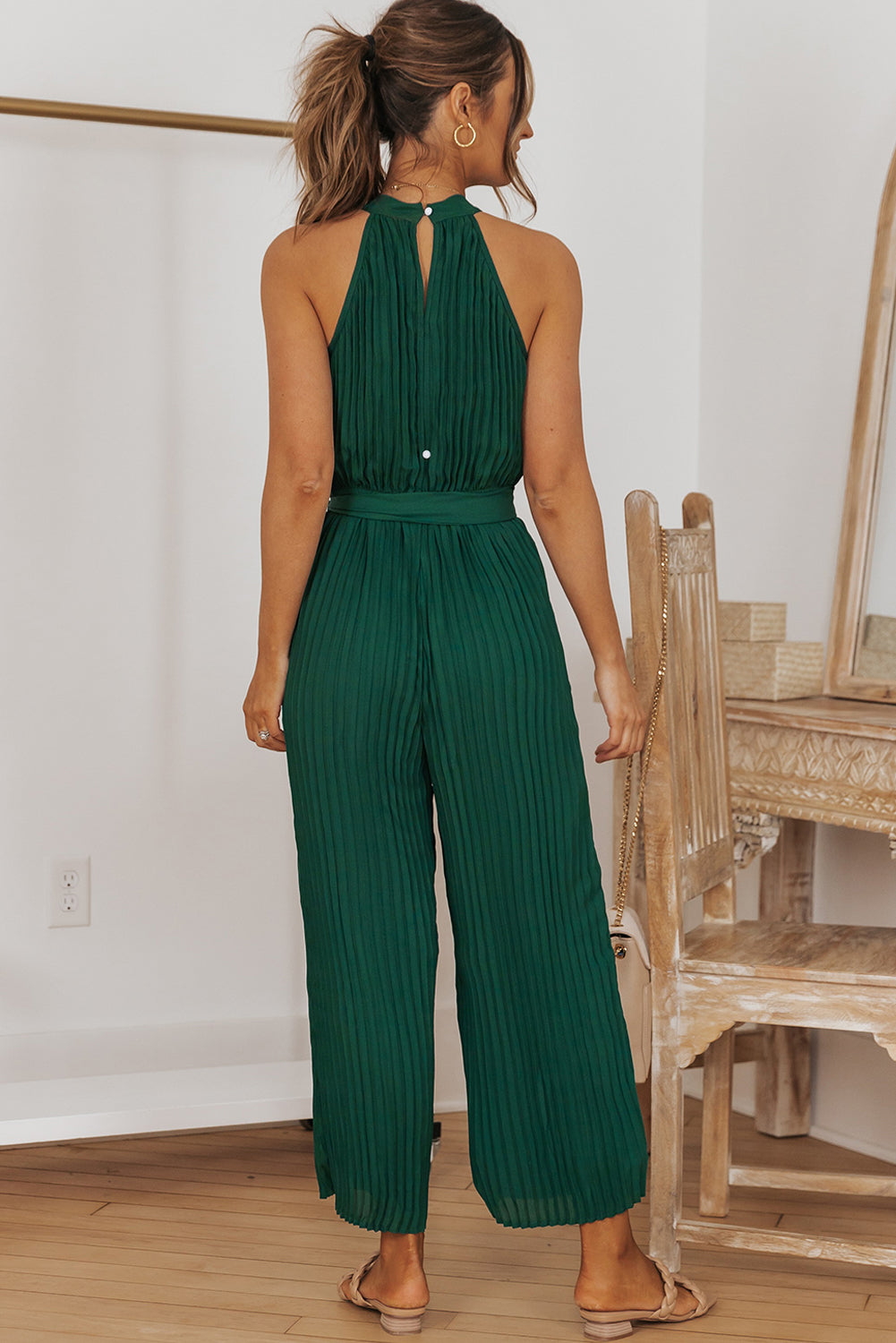 Accordion Pleated Belted Grecian Neck Sleeveless Jumpsuit - Girl Code