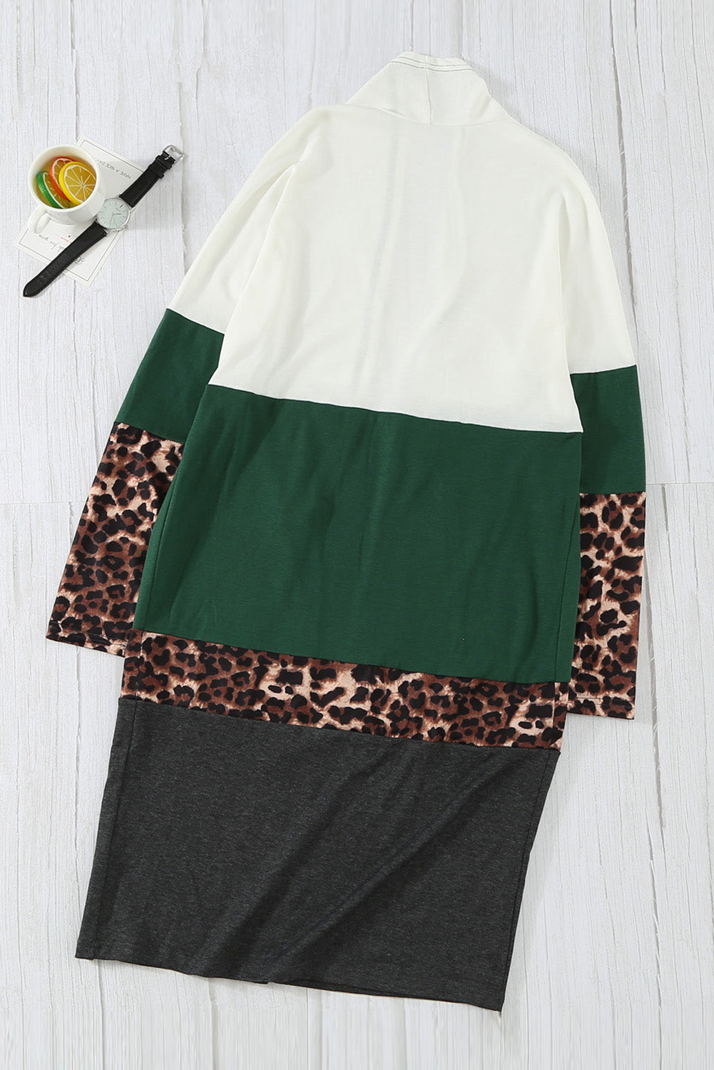Leopard Color Block Open Front Longline Cardigan Trendsi