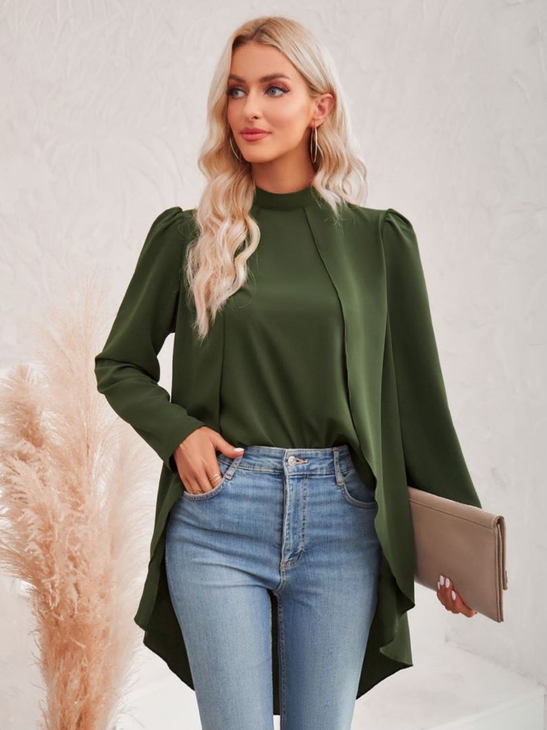 Long Puff Sleeve High-Low Blouse Trendsi