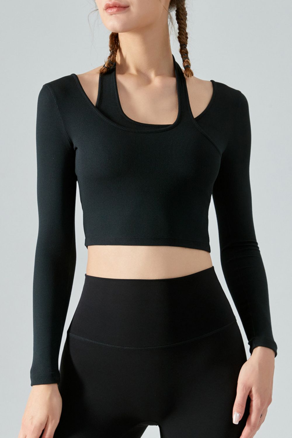 Halter Neck Long Sleeve Cropped Sports Top - Black / S Girl Code