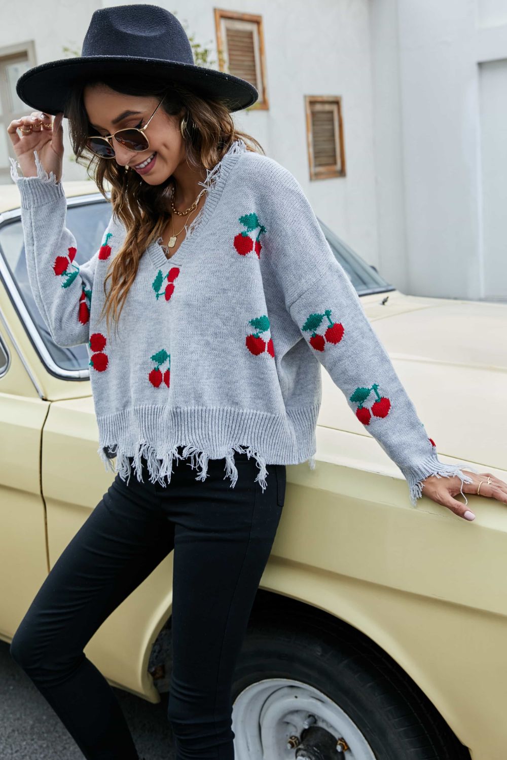 Cherry Pattern Frayed Trim V-Neck Sweater - Apparel & Accessories Girl Code