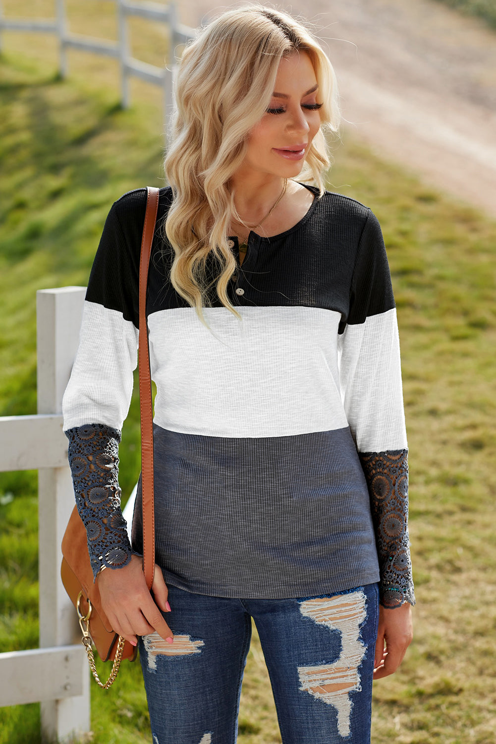 Color Block Spliced Lace Sleeve Ribbed Top - Gray/White / S Apparel & Accessories Girl Code