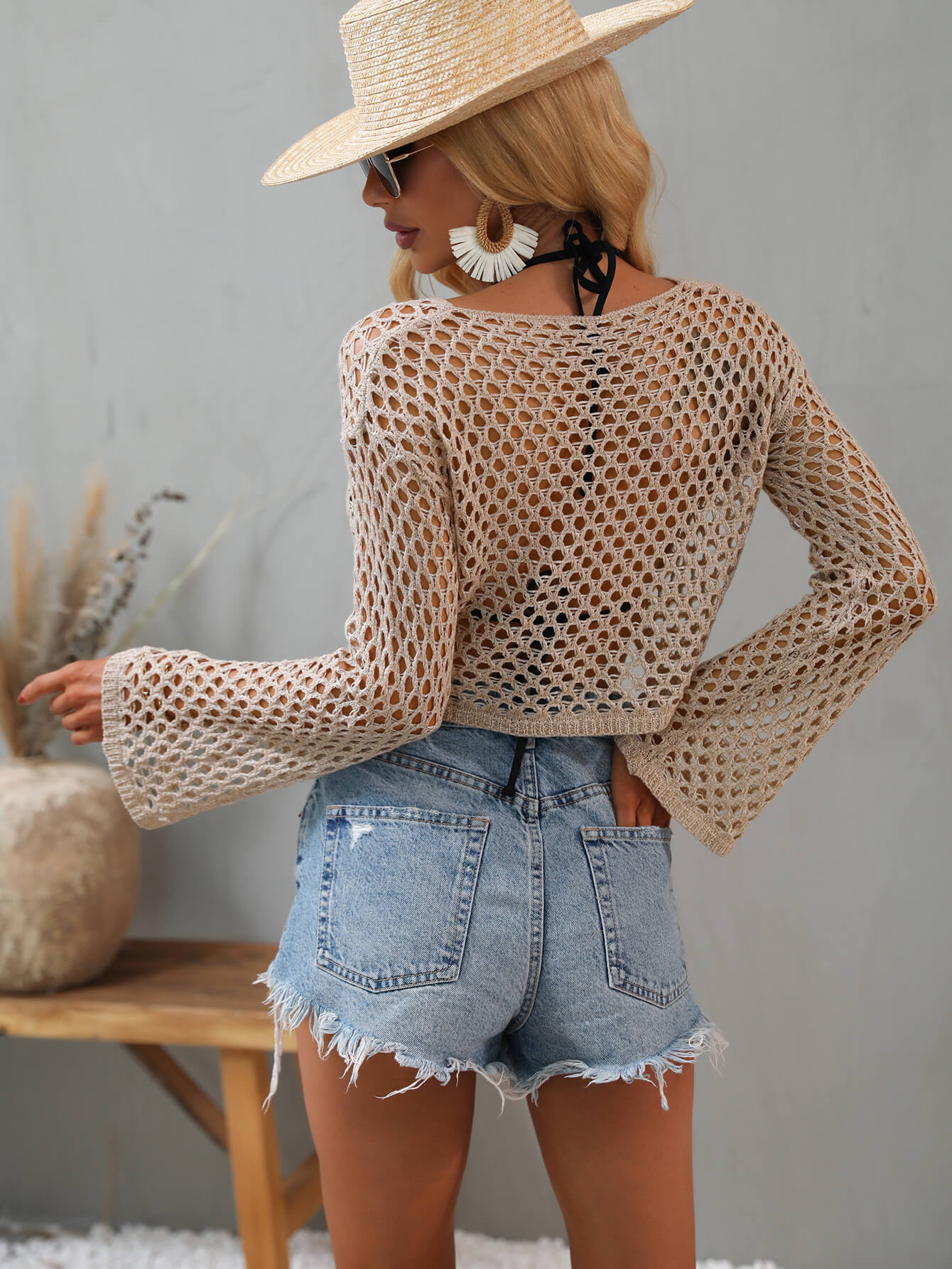 Openwork Flare Sleeve Cropped Cover Up Trendsi