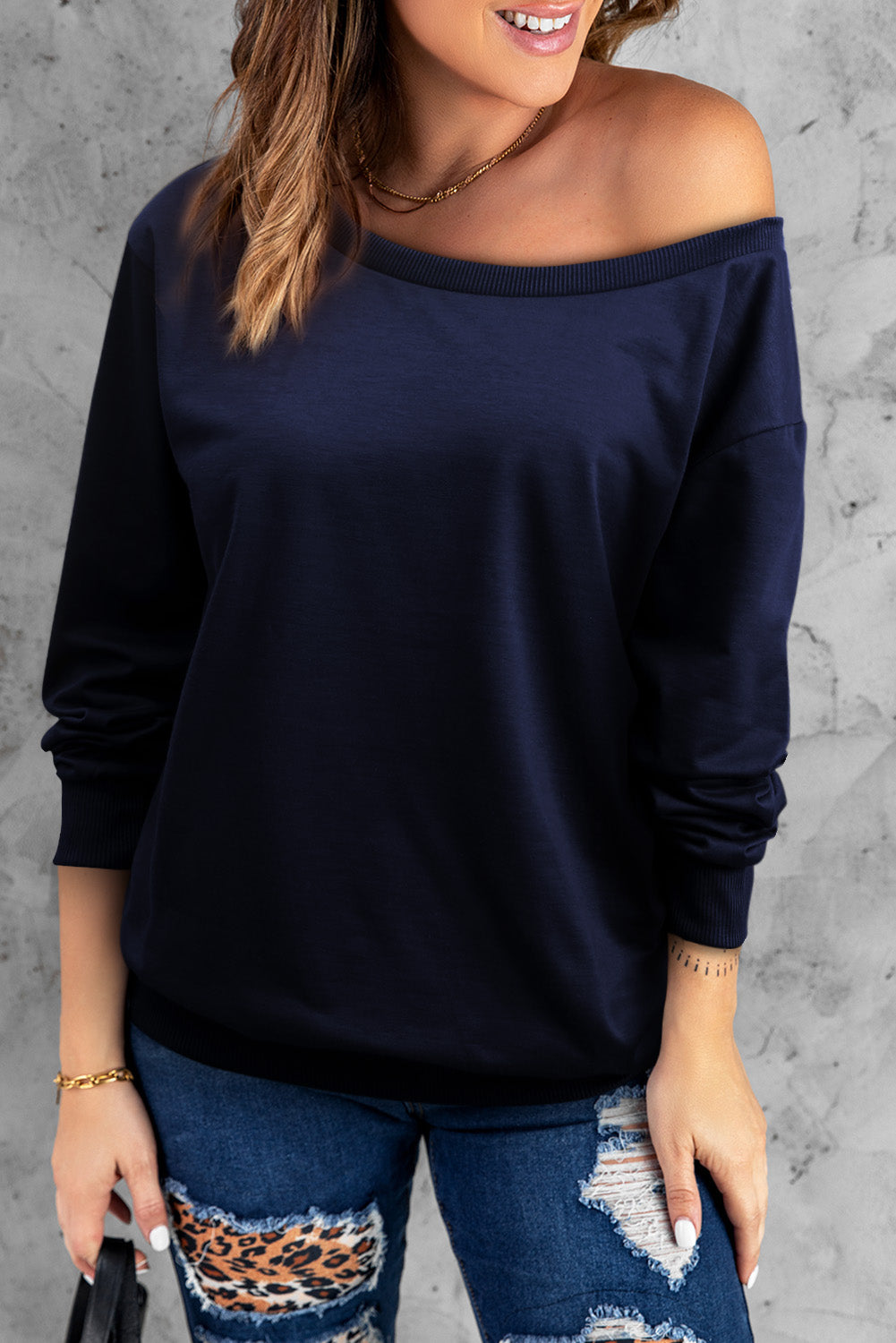 Boat Neck Long Sleeve Sweatshirt - Blue / S Apparel & Accessories Girl Code