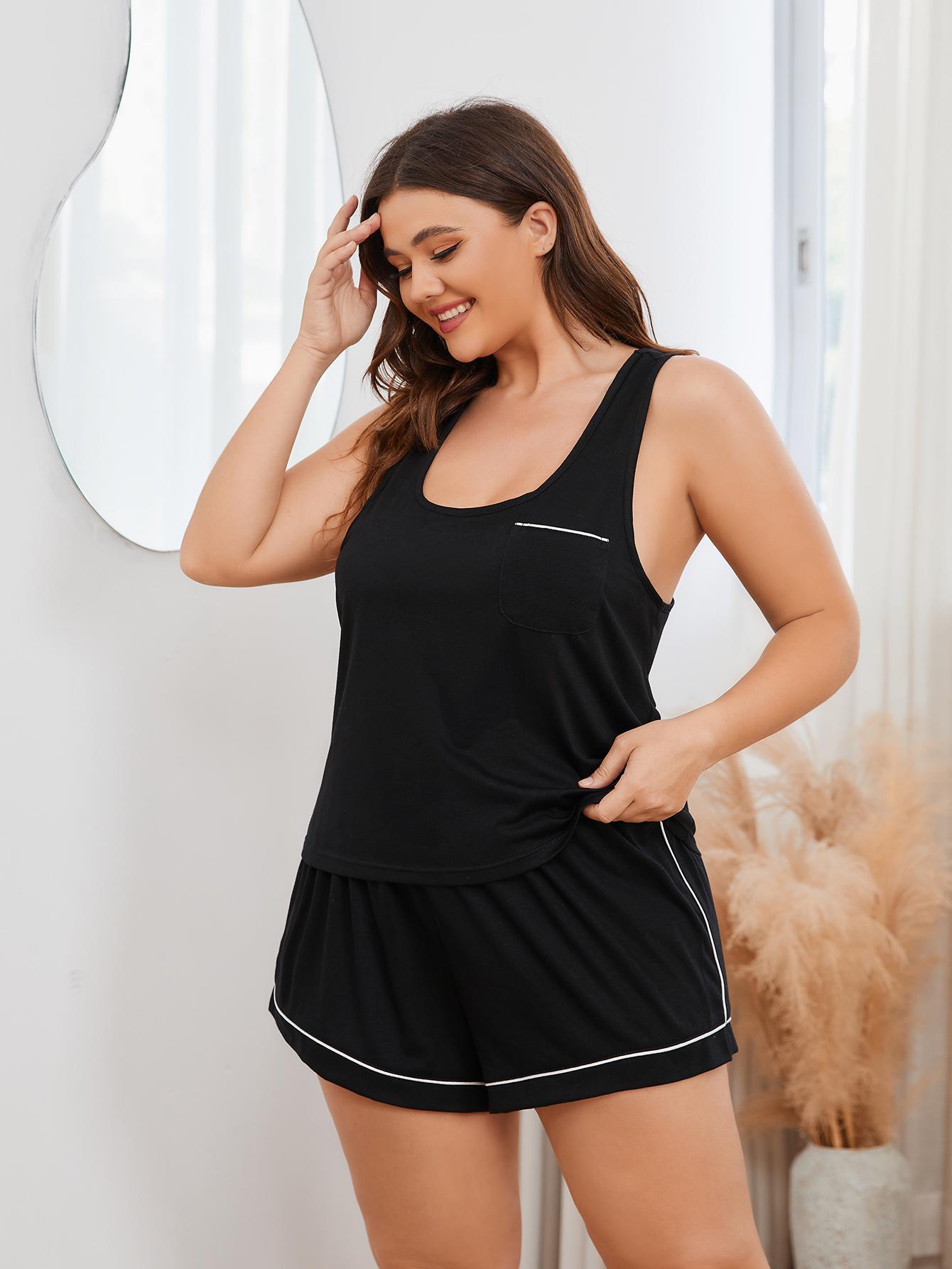 Plus Size Contrast Piping Racerback Tank and Shorts Lounge Set Trendsi