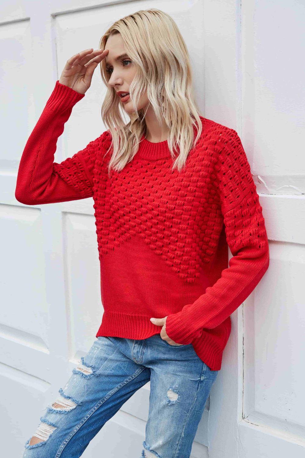 Pom-Pom Drop Shoulder Ribbed Trim Sweater Trendsi