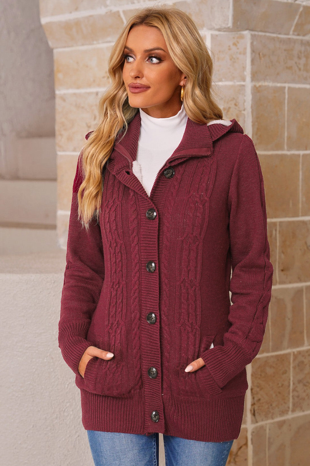 Cable-Knit Fleece Lining Button-Up Hooded Cardigan - Wine / S Apparel & Accessories Girl Code