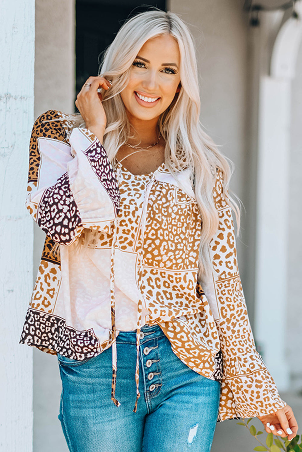 Leopard Patchwork Tied Flare Sleeve Blouse Trendsi