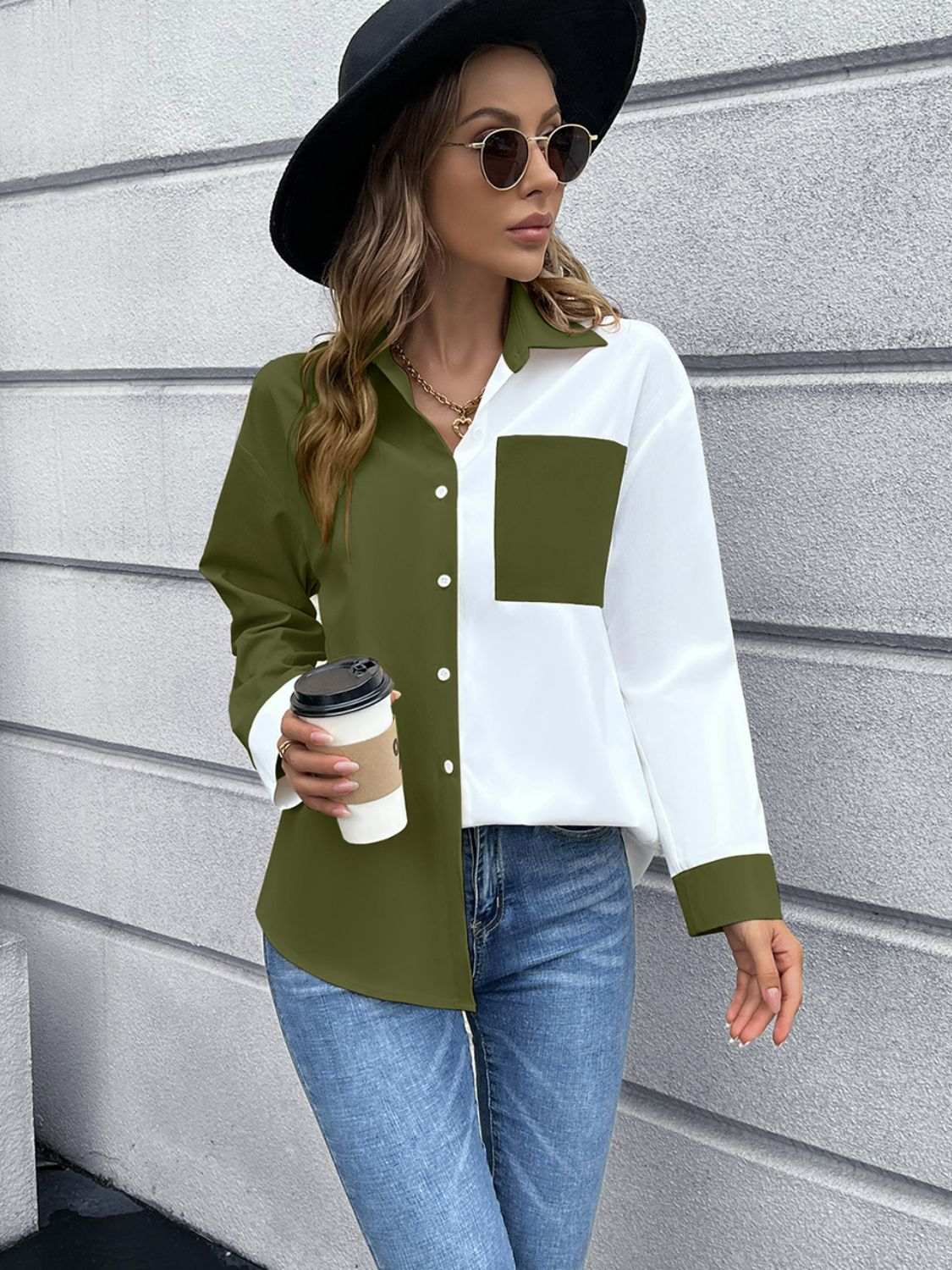 Color Block Button Down Shirt - Army Green / S Apparel & Accessories Girl Code