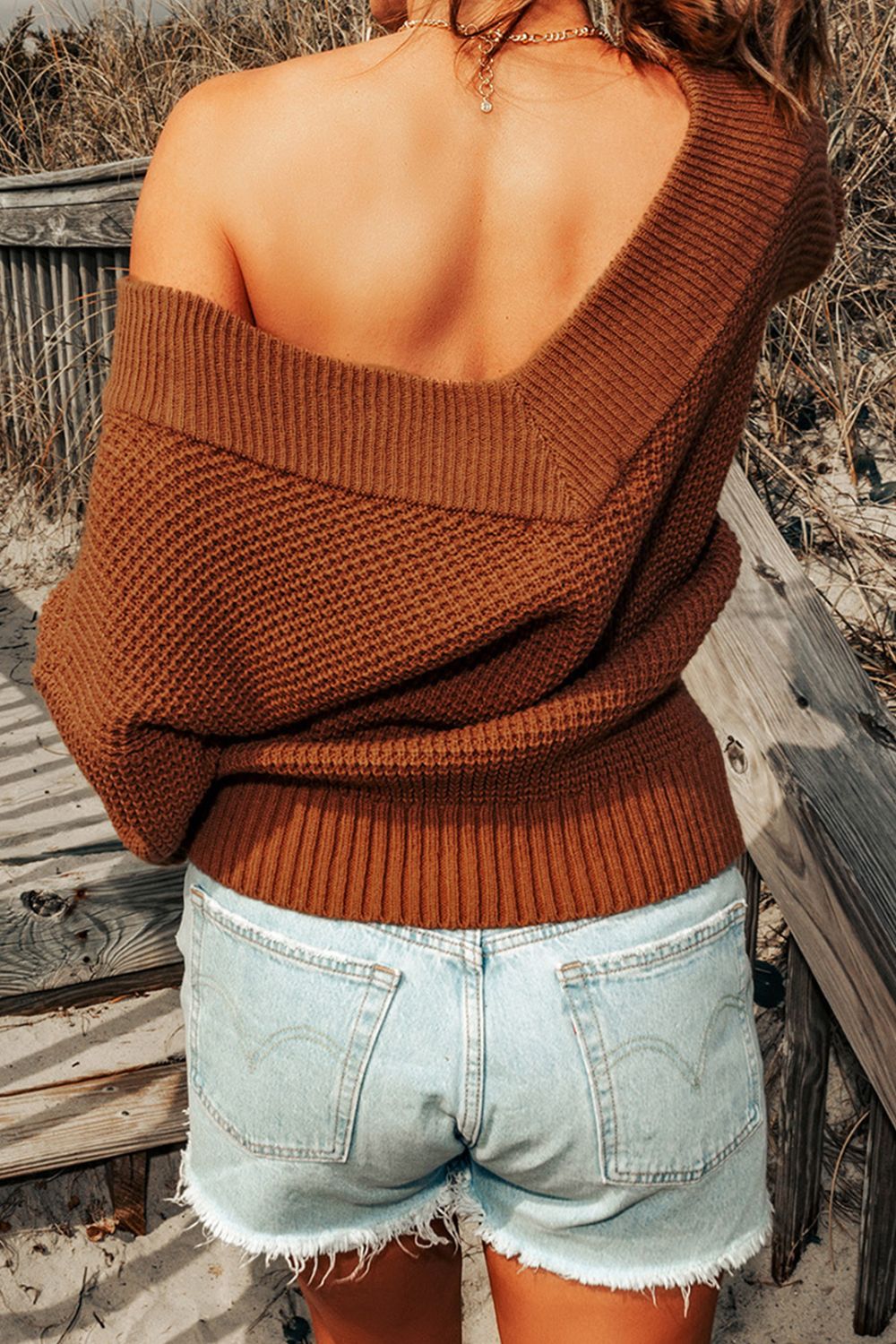 Rib-Knit Drop Shoulder V-Neck Sweater - Girl Code