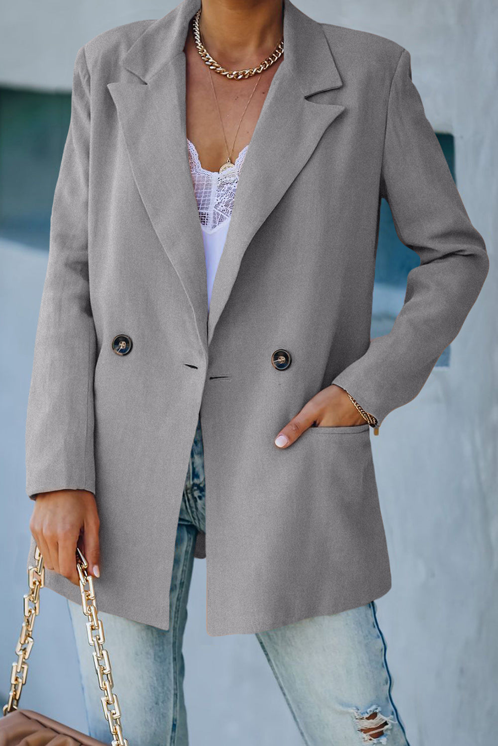 Double-Breasted Padded Shoulder Blazer with Pockets Trendsi