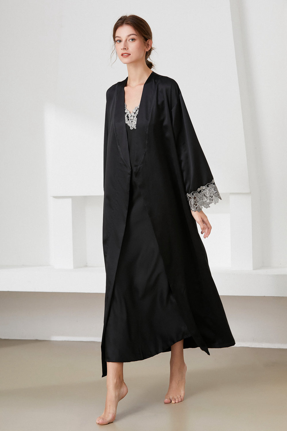 Contrast Lace Trim Satin Night Dress and Robe Set - Black / M Girl Code