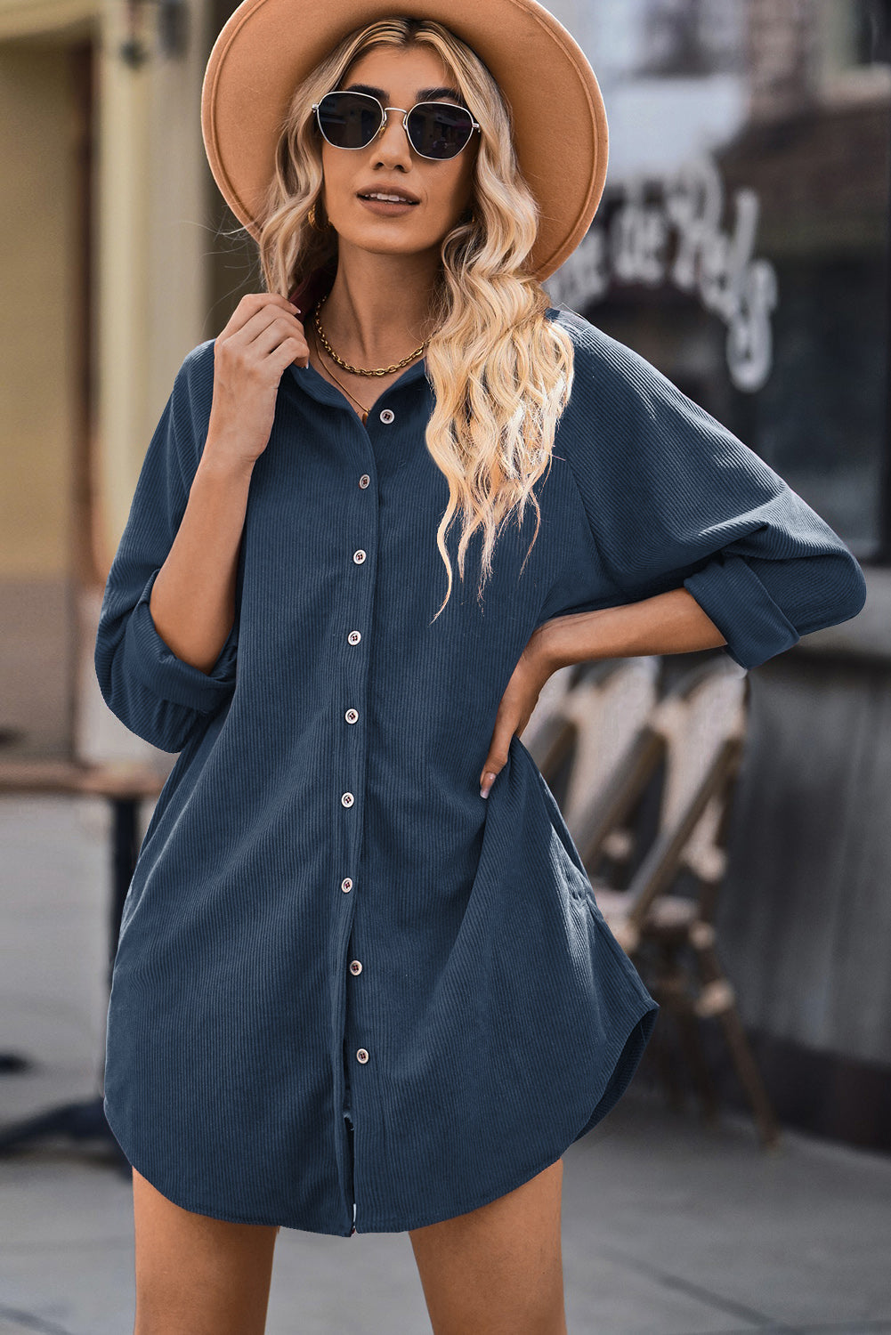 Button Front Curved Hem Raglan Sleeve Shirt Dress - French Blue / S Girl Code