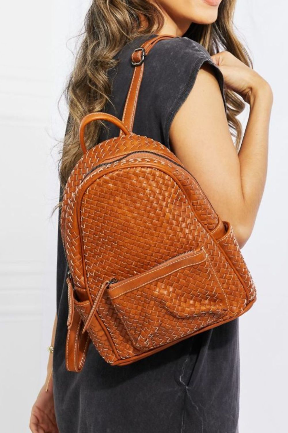 Certainly Chic Faux Leather Woven Backpack - Chestnut / One Size Girl Code