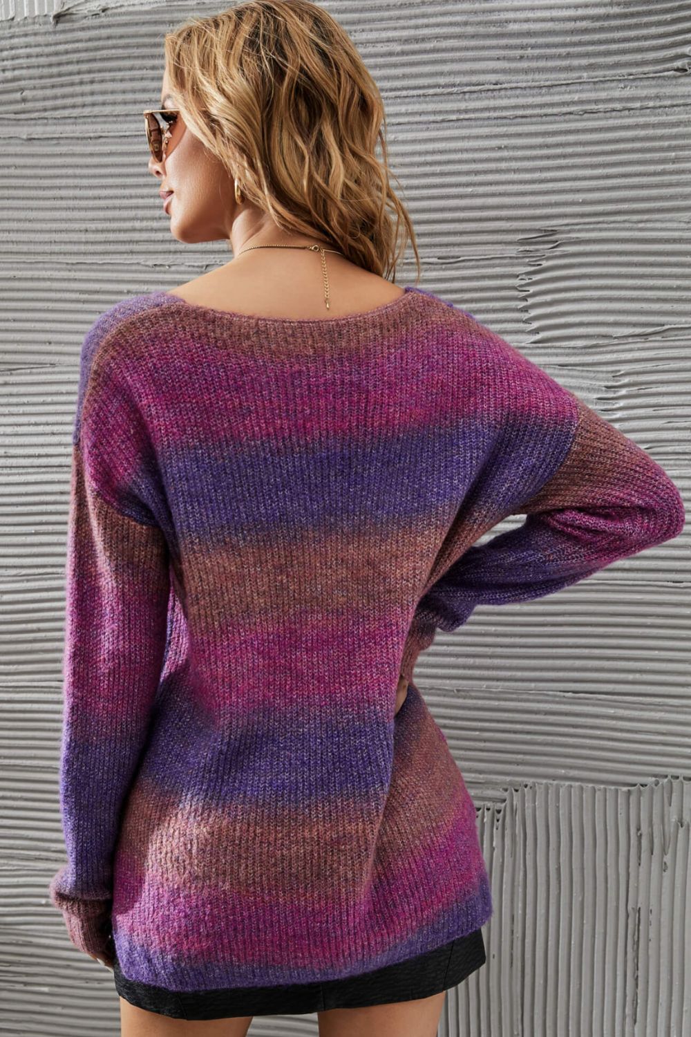 Multicolored Rib-Knit V-Neck Knit Pullover Trendsi