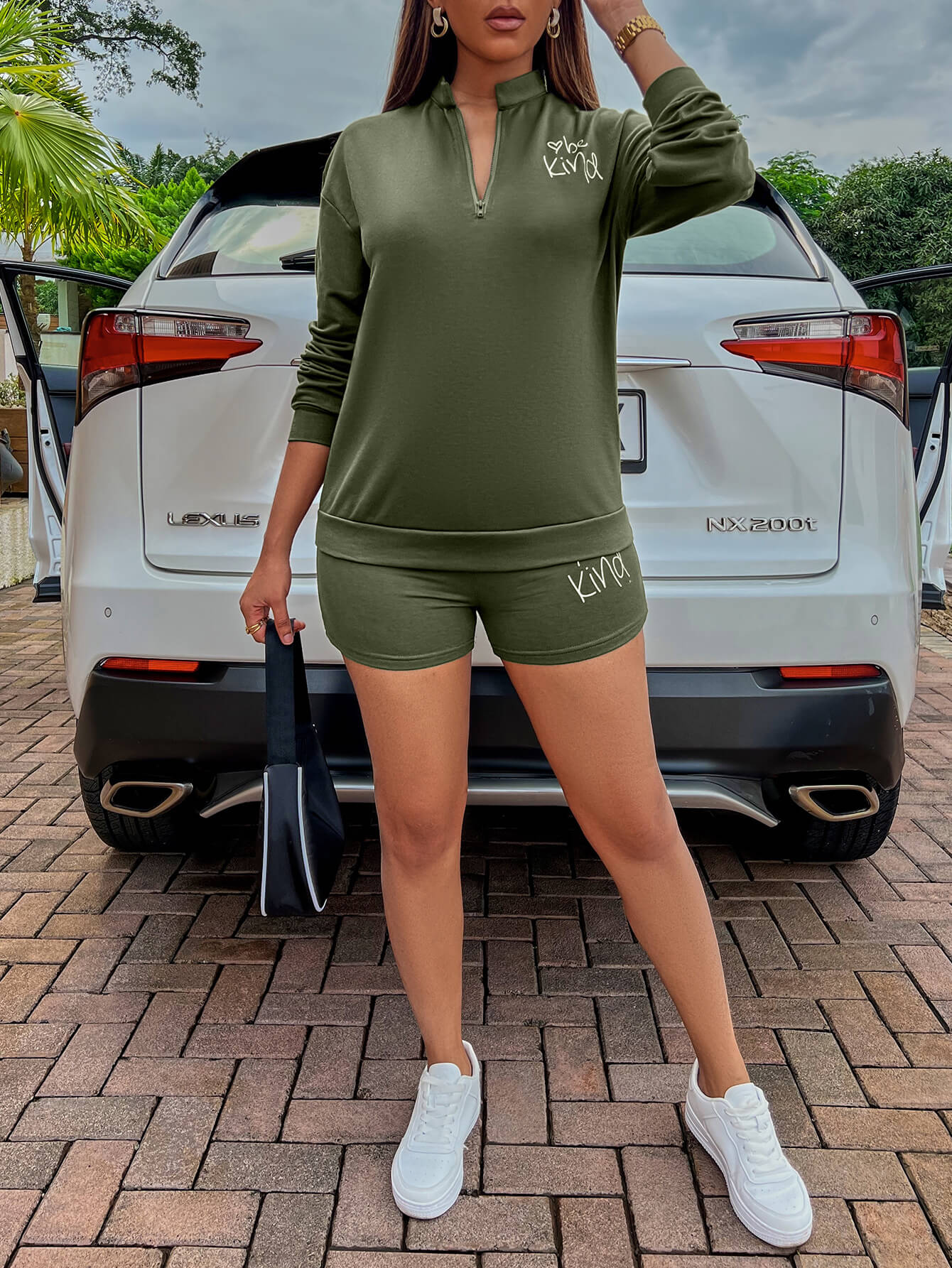BE KIND Graphic Quarter-Zip Sweatshirt and Shorts Set - Army Green / S Girl Code
