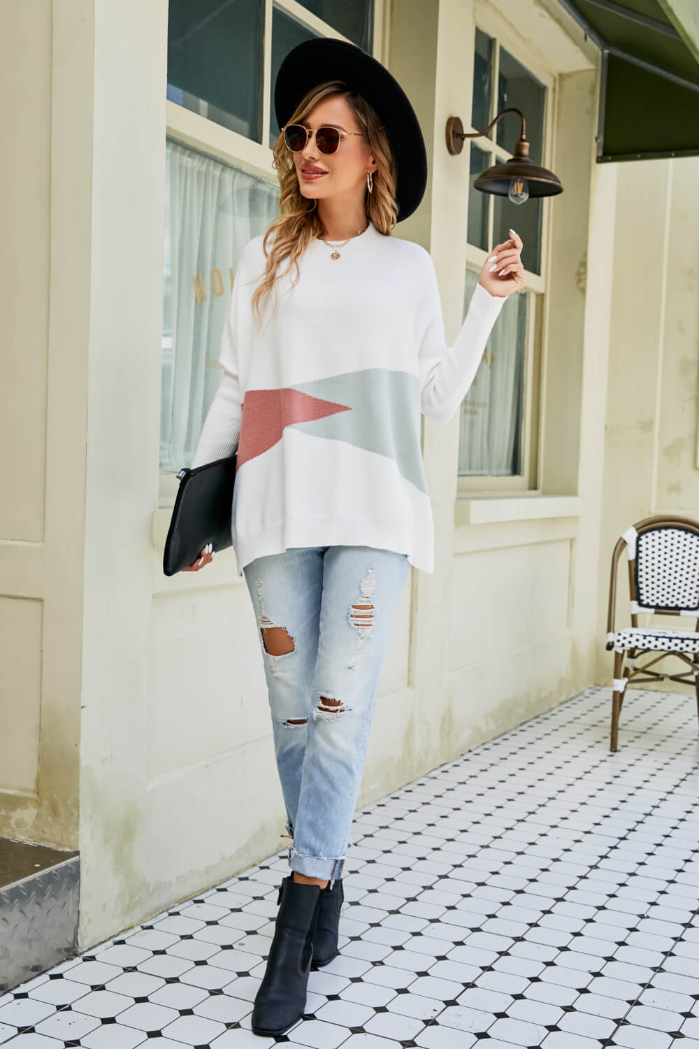Color Block Round Neck Side Slit Sweater - Apparel & Accessories Girl Code