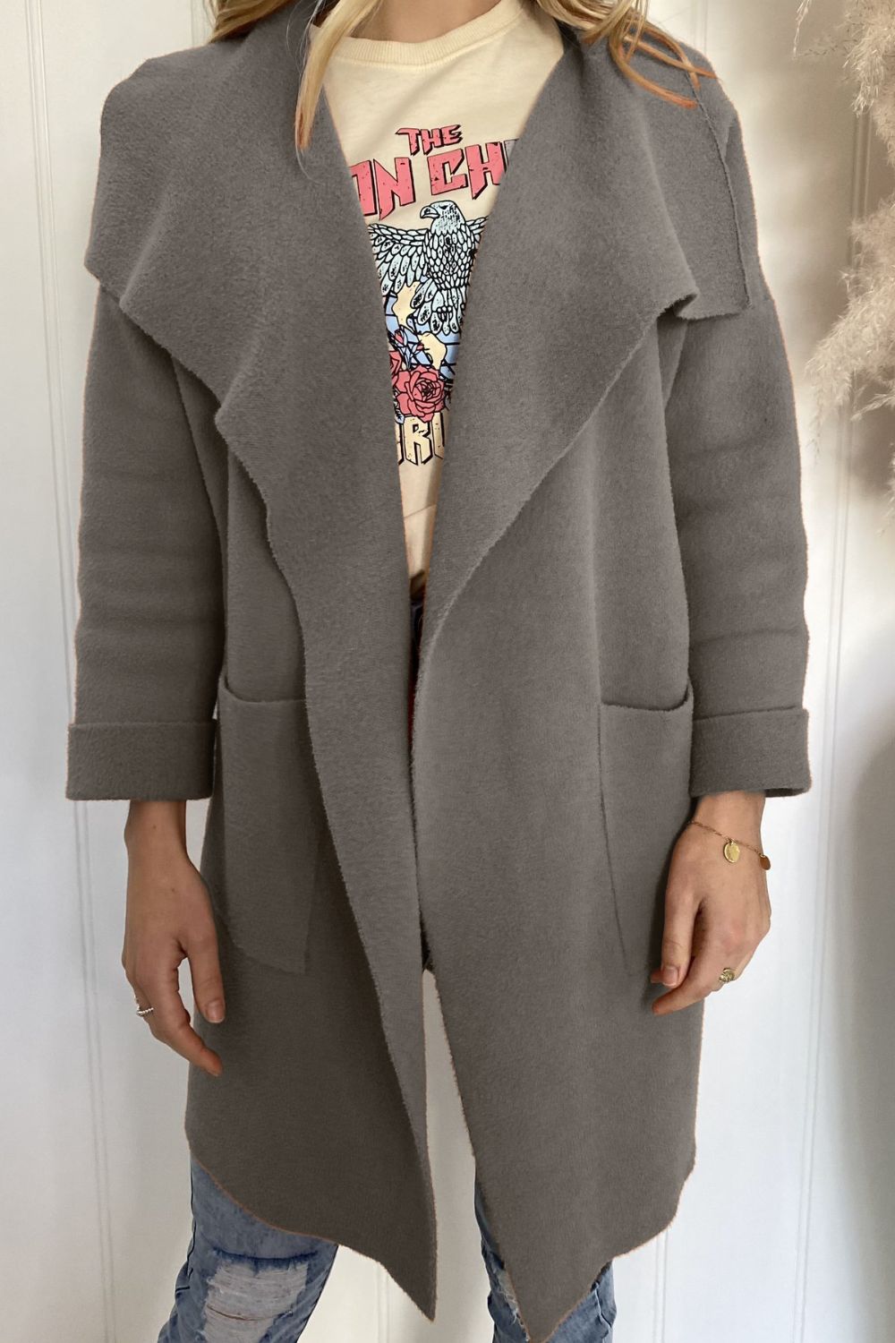 Waterfall Collar Brushed Longline Coat with Pockets Trendsi